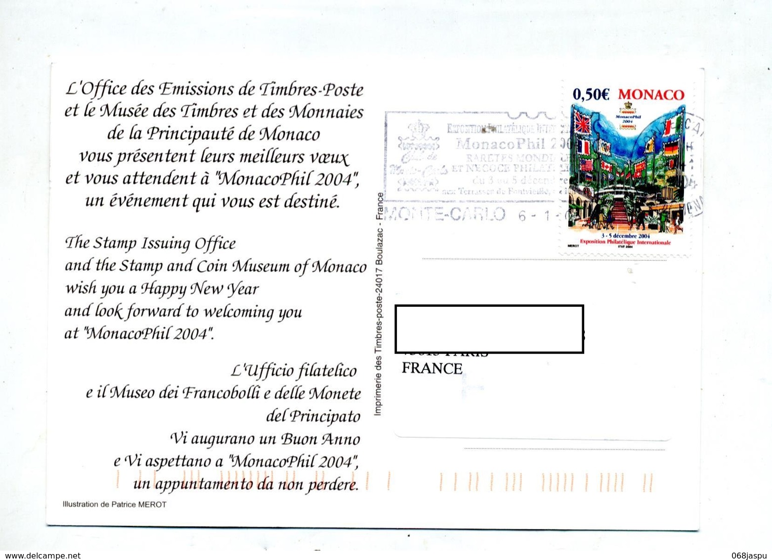 Carte Voeux 2004 Flamme Monaco Phil Sur Timbre Concordant - Machines à Affranchir (EMA)