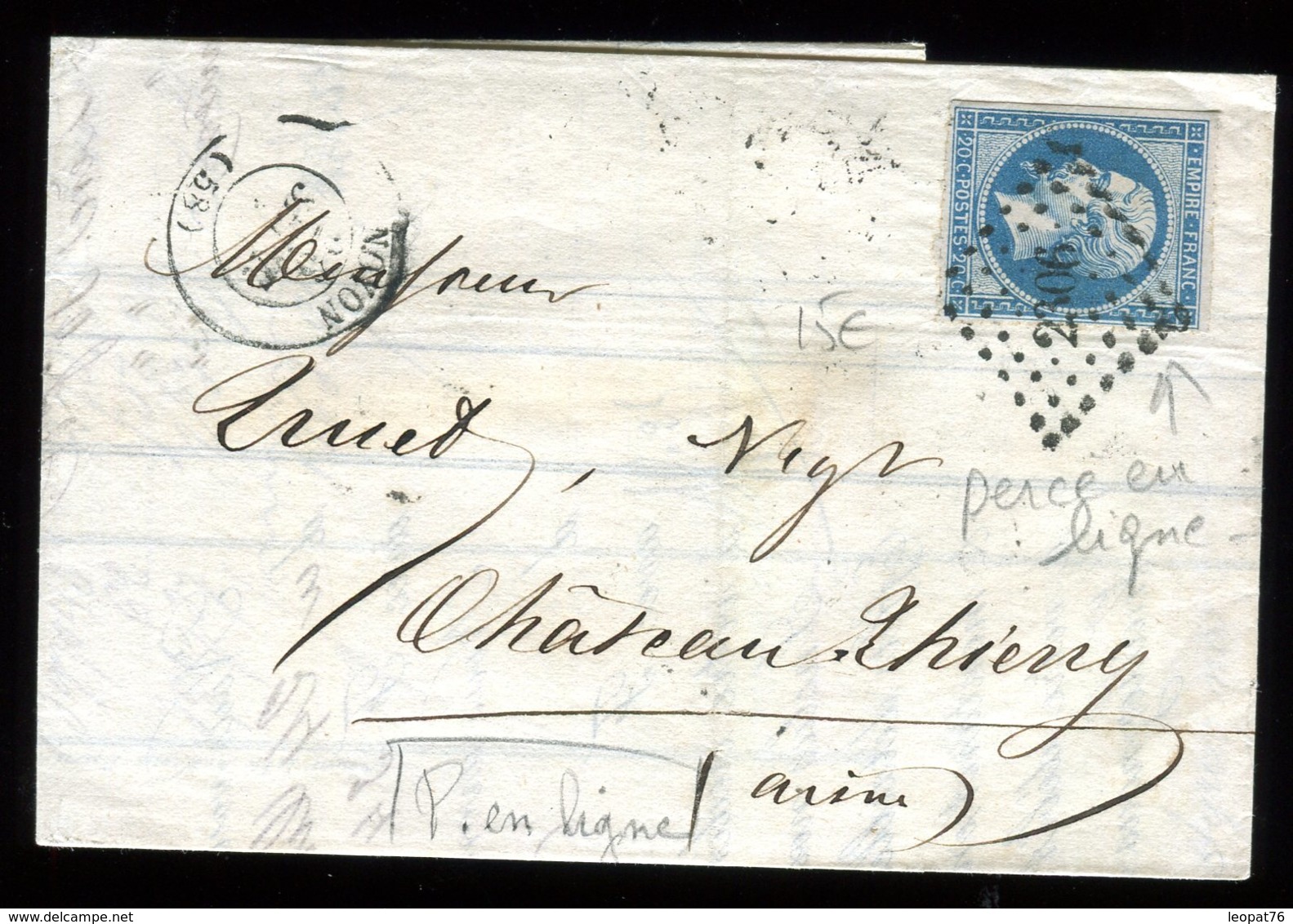 Type Napoléon Percé En Ligne Sur Lettre Avec Texte Commerciale De Noyon Pour Château Thierry En 1861 - 1849-1876: Période Classique