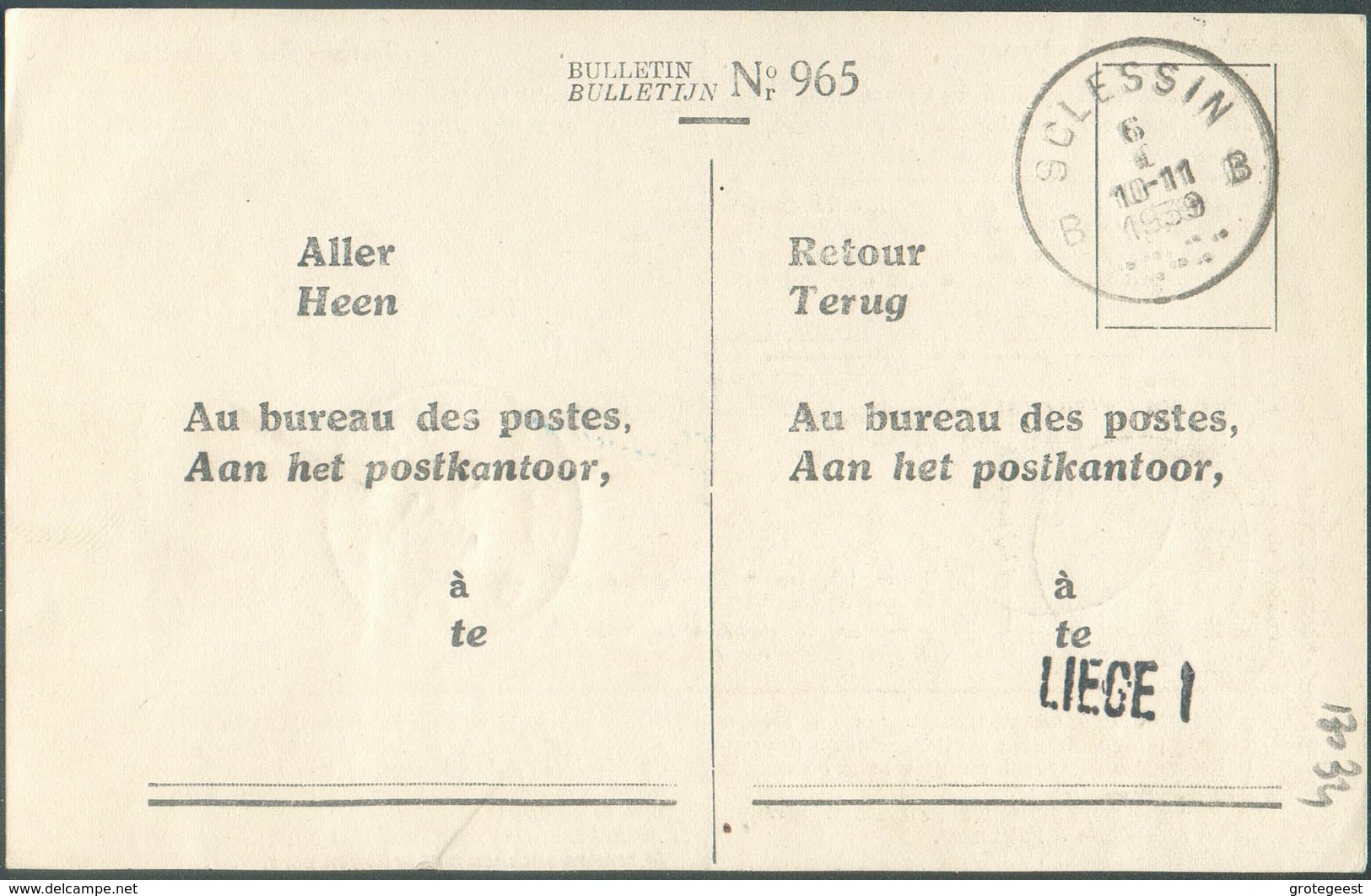 N°479-485-  40c. Petit Ceau De L'Etat + 1 Franc Exposition De L'Eau à Liège Oblitéré Sc SCLESSIN 6-I-1939  Sur Carte (ty - Cartas & Documentos