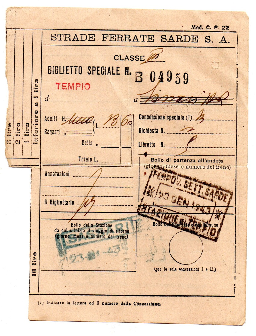 1943 -  Ticket Train - Biglietto Speciale Per Militari  , Treno  Strada Ferrate Sarde S.A.  Da Tempio A Sassari - Europa