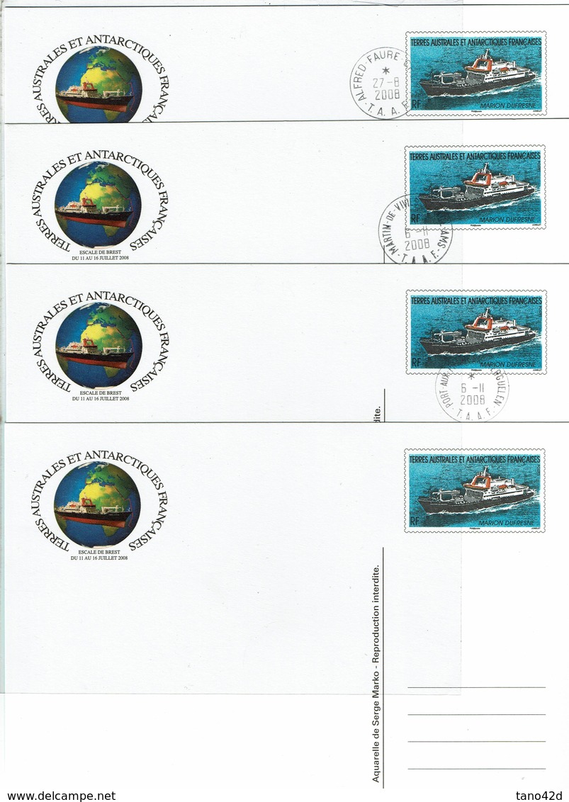 LCA14 -TAF CP NEUVE + 3 OBLITEREES DES ESCALES PORT AUX FRANCAIS / MARTIN DE VIVIES 6/11/2008 ET ALFRED FAURE 27/8/2008 - Postal Stationery