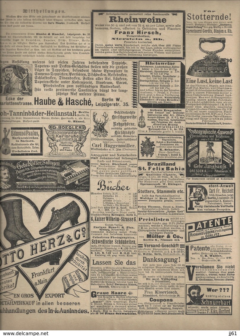 LUSTIGE BLATTER DAS PARLAMENTS JOURNAL ALLEMAGNE PUBLICITE LAMPIONS LUFBALLONS LOCOMOBILEN R WOLF LUGLOCH ANNEE 1894