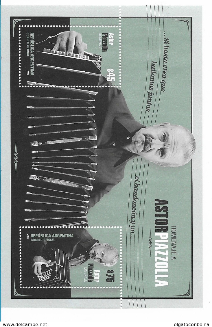 ARGENTINA 2018 ASTOR PIAZZOLLA TANGO MUSIC BANDONEON MINISHEET MNH - Nuevos