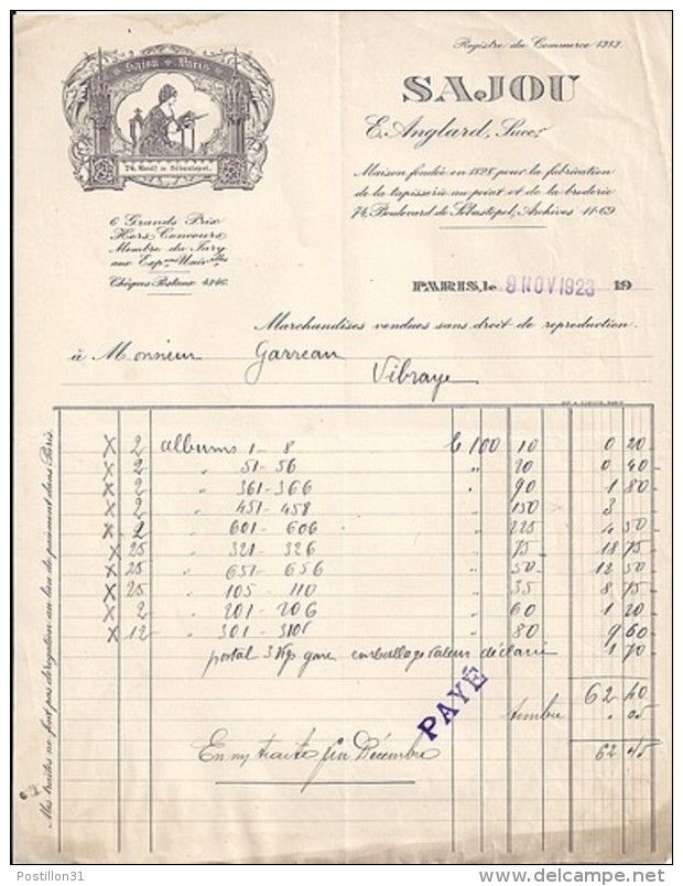 75 - PARIS - LETTRE Ou FACTURE - 1923 -  TAPISSERIES ET BRODERIES / SAJOU / E. ANGLARD - 1900 – 1949