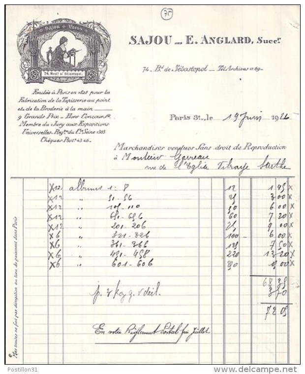 75 - PARIS - LETTRE Ou FACTURE - 1926 -  TAPISSERIES ET BRODERIES / SAJOU / E. ANGLARD - 1900 – 1949