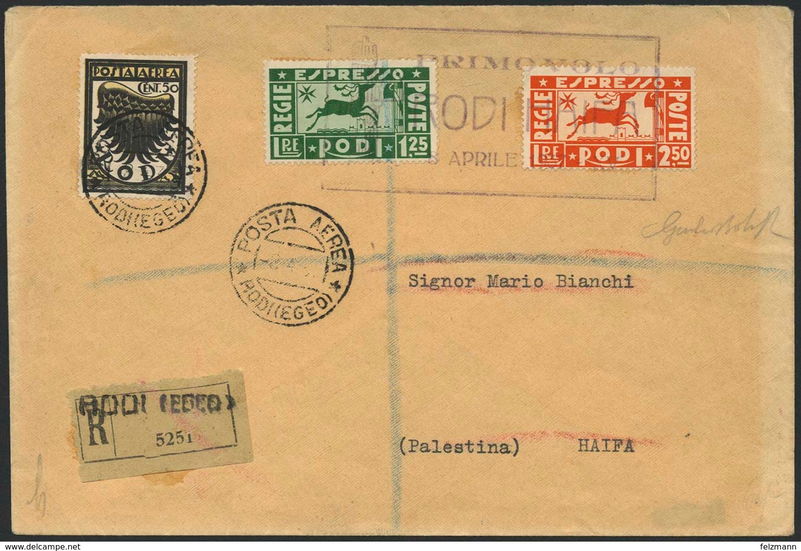 Brief ÄGÄISCHE INSELN 1937, "PRIMO VOLO RODI HAIFA 8 APRILE 1937 XV", Kastenstempel Auf Dreifarbenmischfrankatur Aus Rho - Europe (Other)