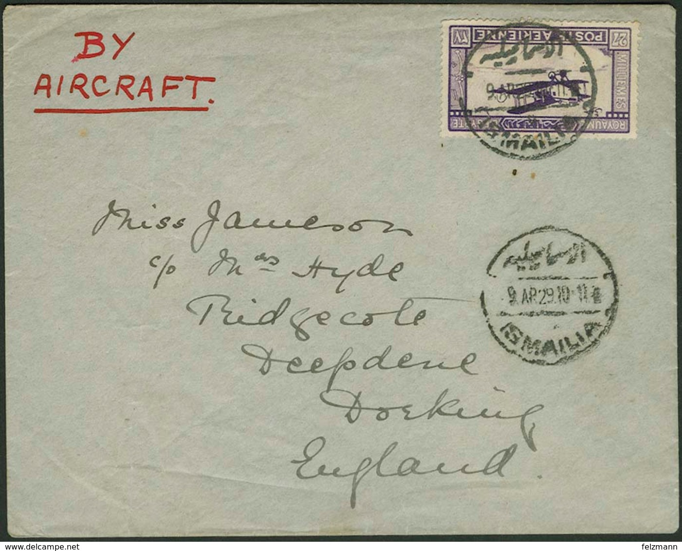 Brief ÄGYPTEN 1929, 27 M Flugpostmarke Einzelfrankatur Aus Ismailia Nach Dorking/England, Erstflug Nach England, Klappen - Sonstige - Europa