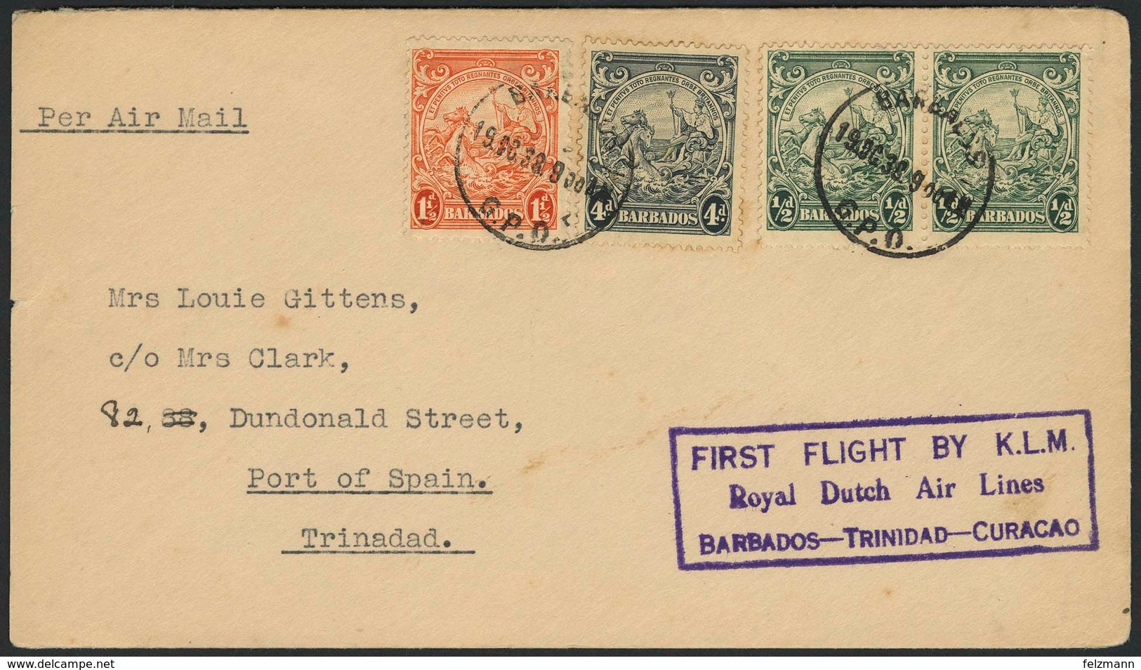 Brief BARBADOS 1938, KLM Erstflugbrief Etappe BARBADOS - TRINIDAD, Ank.-Stempel Rs. POS 19.10., übliche Leichte Alterssp - Sonstige - Europa