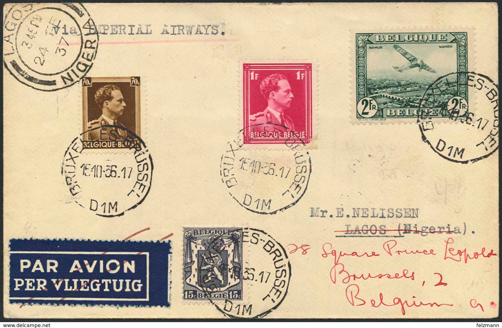 Brief BELGIEN 1936, Imperial Airways Flug Bruxelles-Lagos(Nigeria), Via Sudan Mit Ankunftsstempel, Einige Monate Später  - Sonstige - Europa