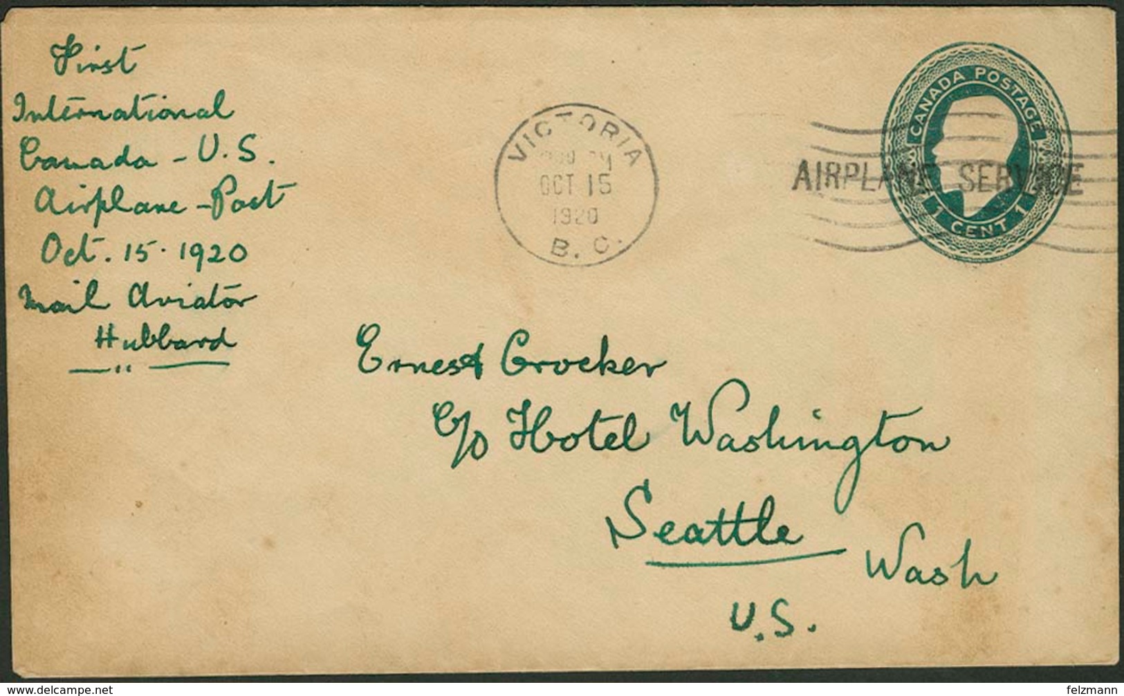 Brief CANADA 1920, 1 C Ganzsachenumschlag Mit Schwarzem Einzeiler "AIRPLANE SERVICE", Aus Victoria/B.C., Erster Postflug - Sonstige - Europa