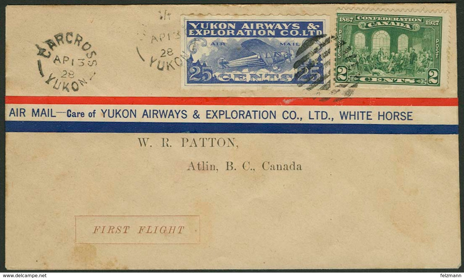 Brief CANADA 1928, Erstflug CARCROSS-ATLIN Mit Mischfrankatur 2 C Freimarke Mit 25 C YUKON-AIRWAYS-FLUGPOSTMARKE, Selten - Sonstige - Europa