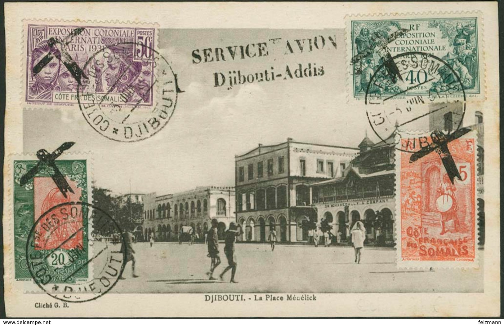 Brief DJIBOUTI 1931, Illustrierte Flugpostkarte "SERVICE AVION Djibouti-Addis", 03.06.1931, Mit Ankunftsstempel - Sonstige - Europa