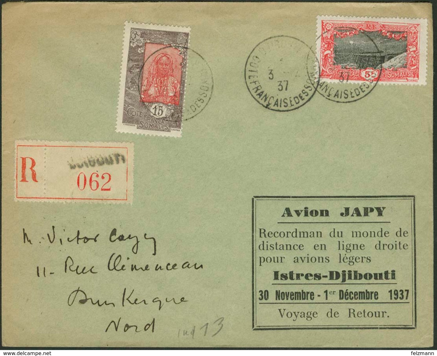 Brief DJIBOUTI  1937, R-Luftpostbrief Aus Djibouti Nach Dunkerque/Frankreich Mit Ankunftsstempel, JAPY-Flug Mit Entsprec - Europe (Other)