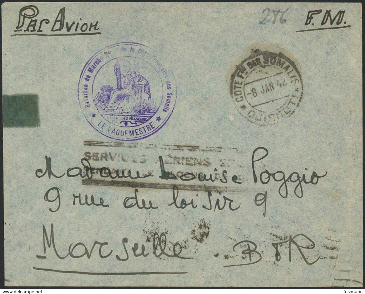 Brief DJIBOUTI 1942, Flugpostbrief Nach Marseille, Franchise Militaire-Vermerk Und Batallionsstempel, Mit Blockadestempe - Sonstige - Europa