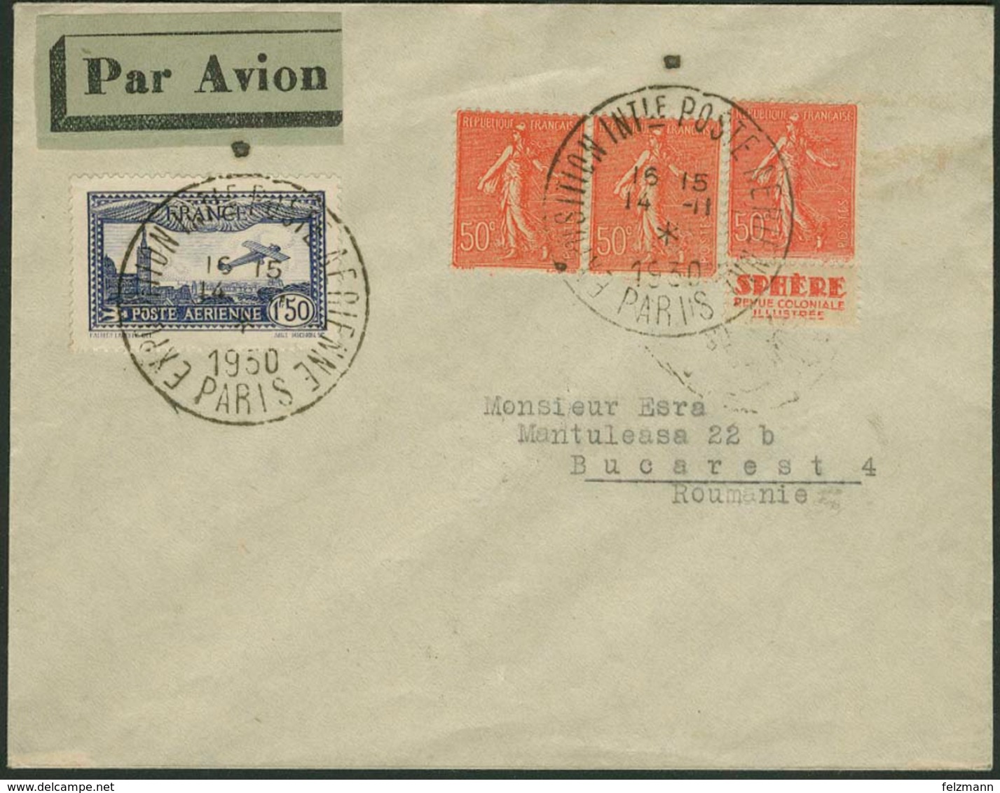 Brief FRANKREICH 1930, "PARIS EXPOSITION INTLE POSTE AERIENNE", Zwei Sonderstempel Auf Flugpostbrief Mit Mischfrankatur  - Sonstige - Europa