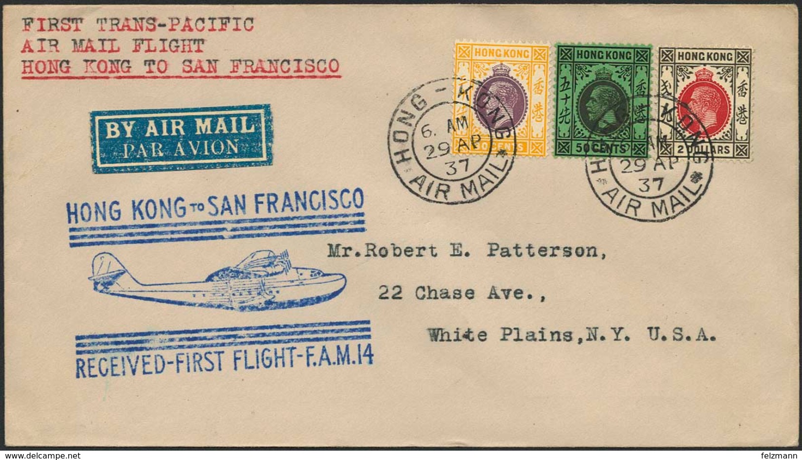 Brief HONG KONG 1937, Erstflug Hong Kong-San Francisco, Brief Ab Hong Kong 29.4.37 Mit Bunter MiF, Großer Blauer Flugste - Sonstige - Europa