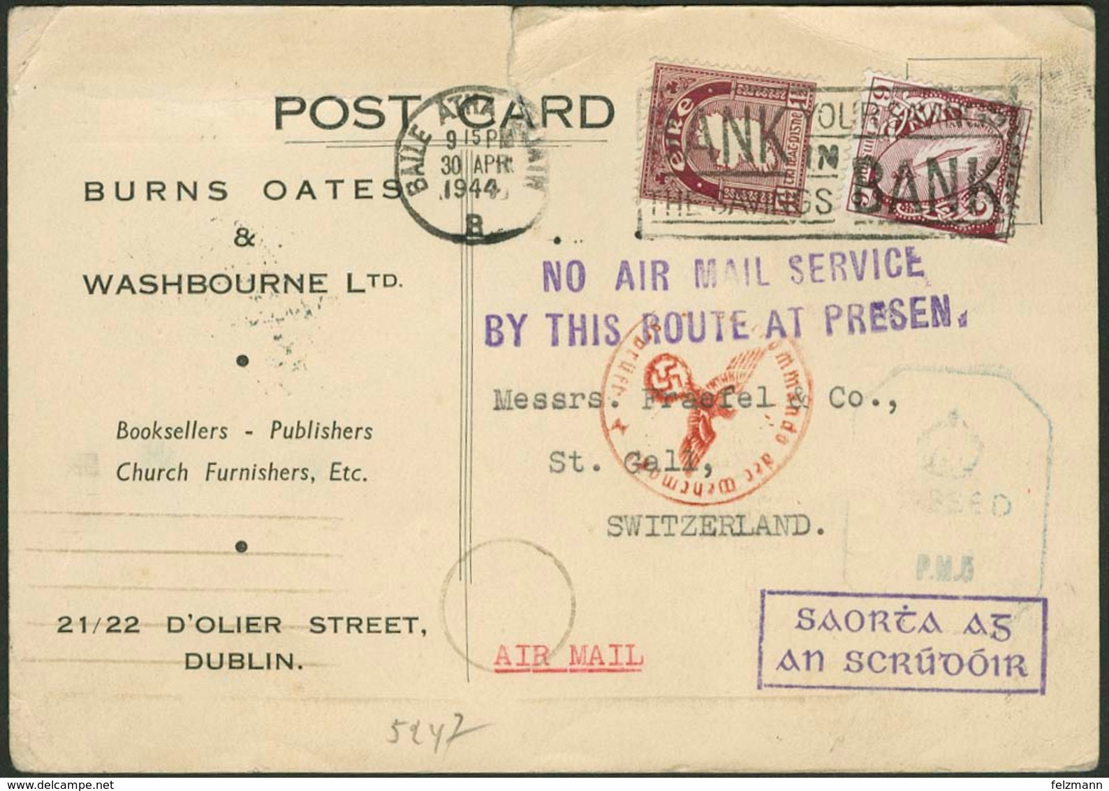 Brief IRLAND 1944, Postkarte Aus Dublin Nach St. Gallen/Schweiz, Mit Zweizeiler "NO AIR MAIL SERVICE BY THIS ROUTE AT PR - Sonstige - Europa