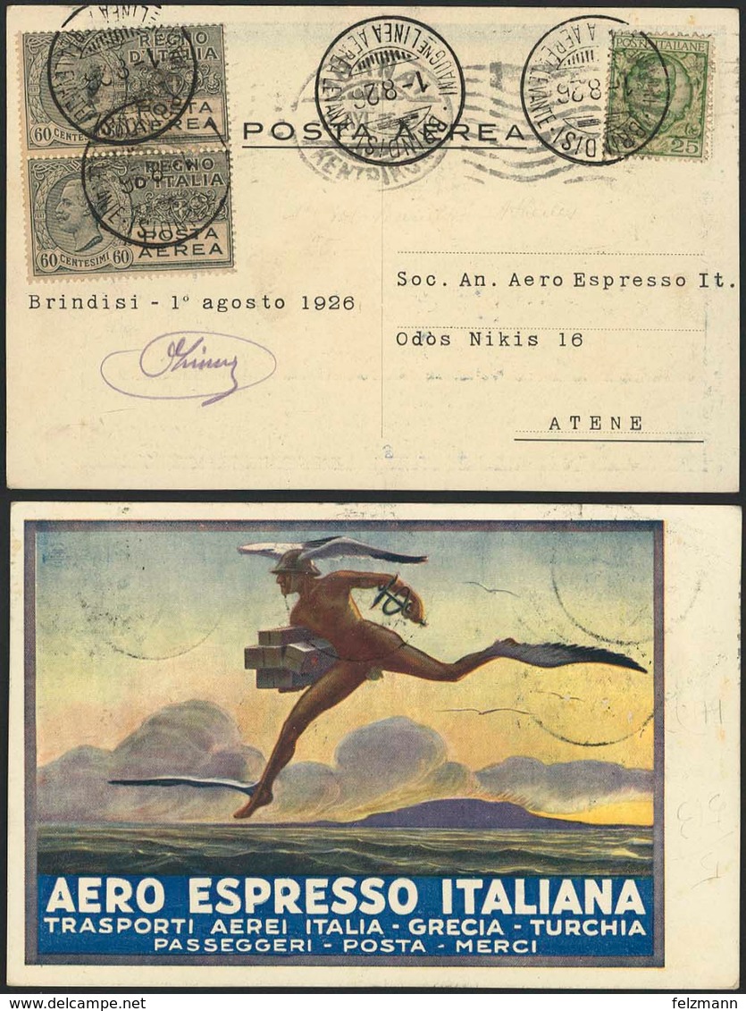 Brief ITALIEN 1926, Erstflug Brindisi-Athen, Farbige Werbekarte Der "Aero Espresso ..." Mit Flug-SST Brindisi "Inaug. Li - Sonstige - Europa