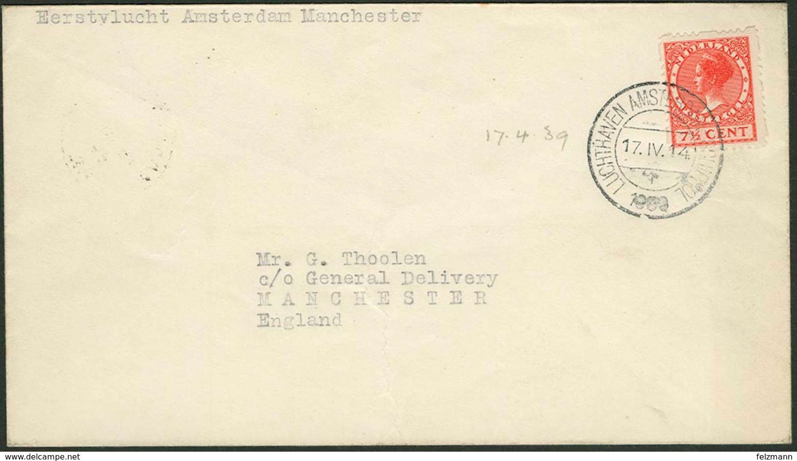 Brief NIEDERLANDE 1939, Erstflug Amsterdam-Manchester, 7½ C  Einzelfrankatur Mit Stempel "LUCHTHAVEN  AMSTERDAM SCHIPHOL - Sonstige - Europa