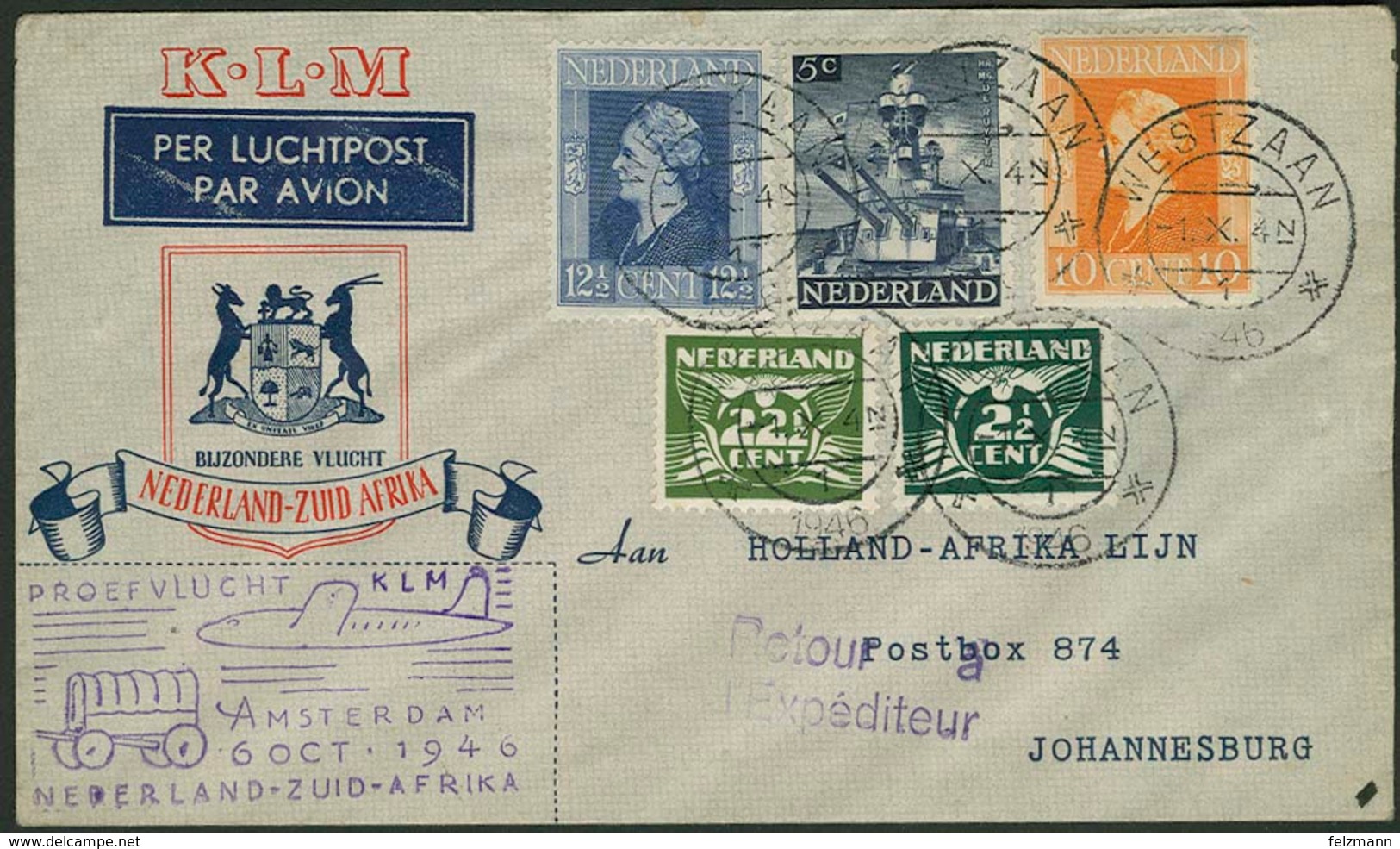 Brief NIEDERLANDE 1946, KLM-Flug Amsterdam-Johannesburg, Luftpostumschlag Mit Buntfrankatur Aus WESTZAAN Nach Johannesbu - Sonstige - Europa