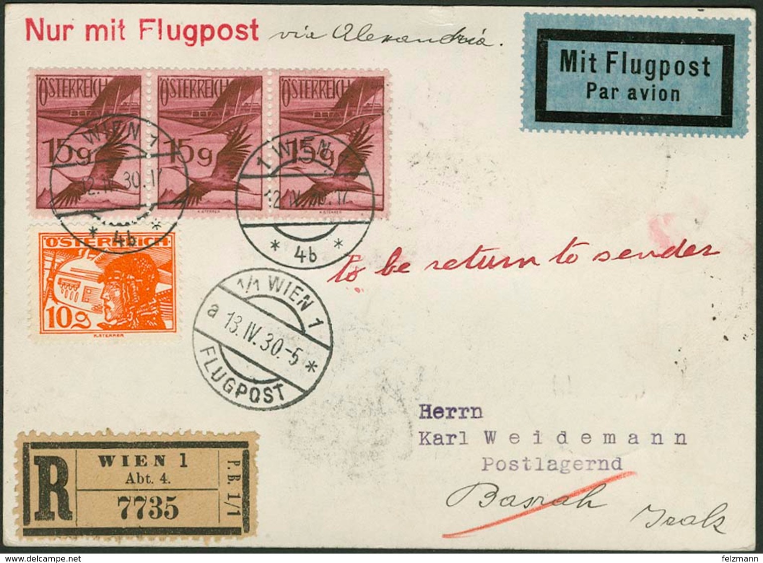 Brief ÖSTERREICH 1930, R-Flugpostkarte (13.06.1930) Mit Frankatur Vorder- Und Rückseitig, Aus Wien Nach BASRAH/Iraq, Dan - Sonstige - Europa