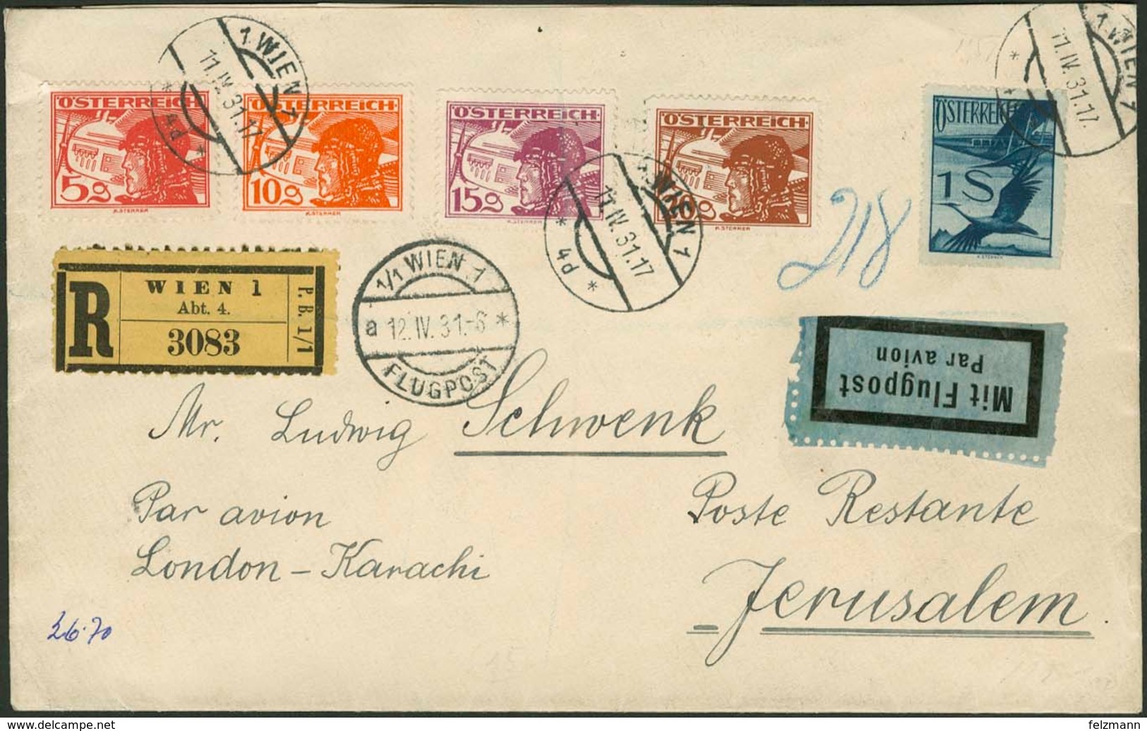 Brief ÖSTERREICH 1931, R-Luftpostbrief Linie London-Karachi, Mit Fünffarbenfrankatur, Zuleitung Aus Wien Nach Jerusalem  - Sonstige - Europa