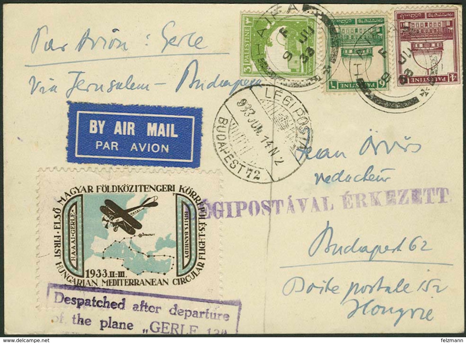Brief PALÄSTINA 1933, "GERLE"-Flug Haifa-Budapest, Karte Mit Dreifarbenfrankatur Mandatsausgabe Mit Dekorativer Vignette - Sonstige - Europa