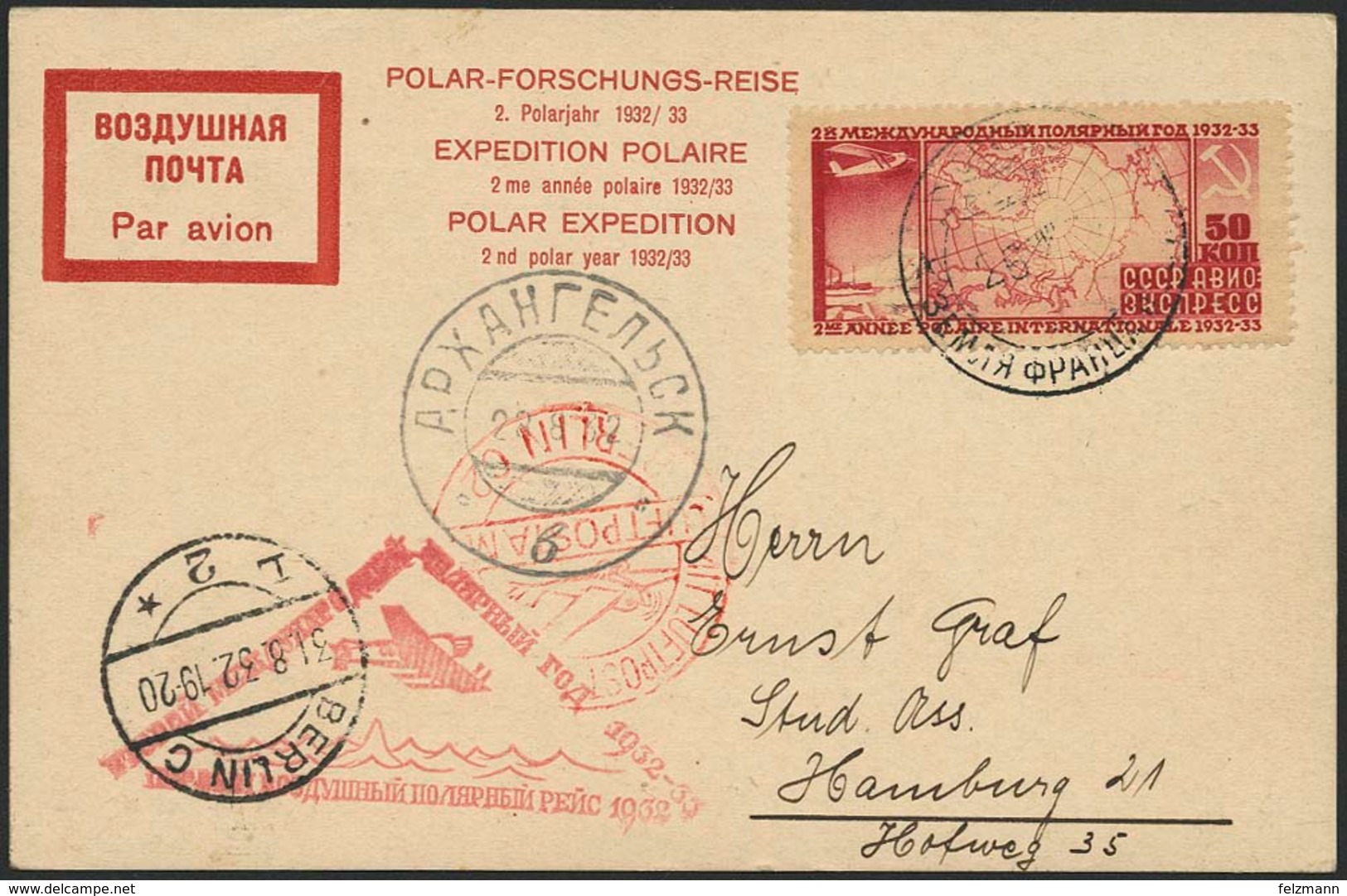 Brief RUSSLAND 1932, Polar-Forschungsreise, 50 K Sondermarke Auf Karte Mit SST 26.8.32, Flugstempel Und Ankunft Archange - Sonstige - Europa