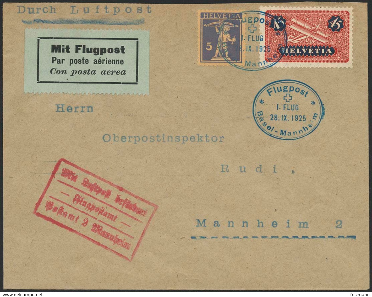 Brief SCHWEIZ 1925, Erstflug Basel-Mannheim, Brief Ab Basel Mit Flug-SST 28.9.25 Mit 45 Rp Flugpost In MiF Nach Mannheim - Sonstige - Europa