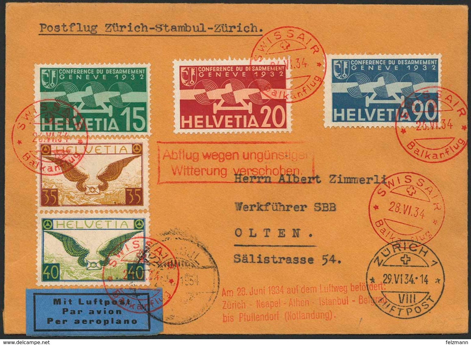 Brief SCHWEIZ 1934, Balkanflug, Etappe Zürich-Istanbul, Brief Mit Bunter MiF Und Flug-SST 26.6.34, Verzögerungs-Ra2 Und  - Sonstige - Europa