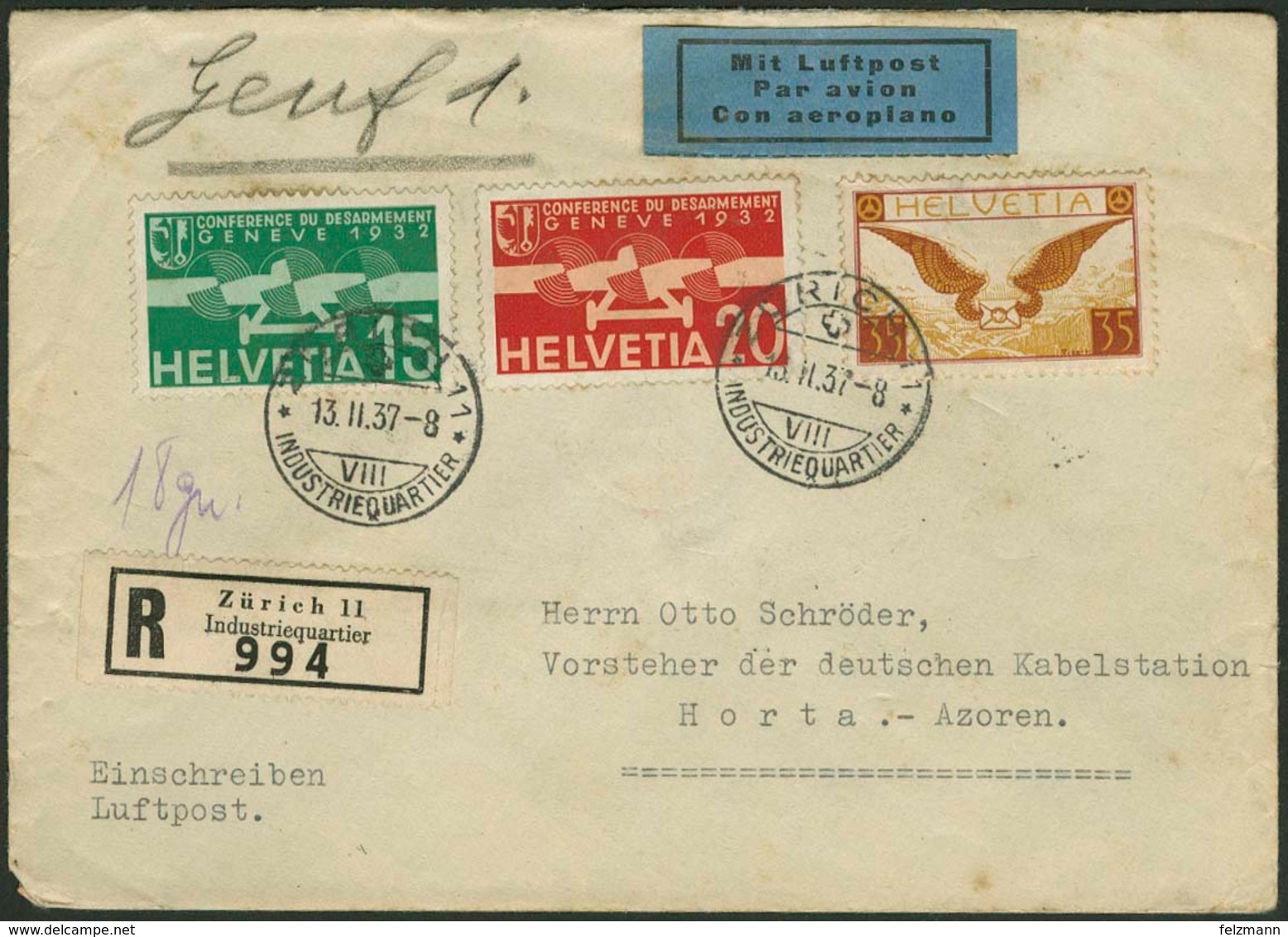 Brief SCHWEIZ 1937, R-Luftpostbrief Mit Dreifarbenfrankatur Aus Zürich Via Lissabon Nach Horta/Azoren, Bedarfserhaltung, - Sonstige - Europa