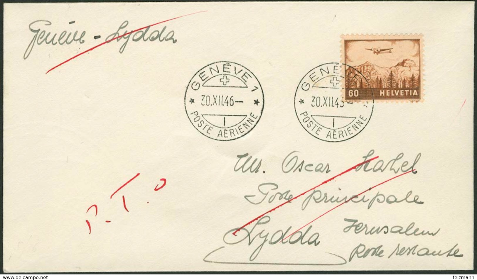 Brief SCHWEIZ 1946, 60 Rp Einzelfrankatur Auf Luftpostbrief GENÈVE Nach LYDDA/Palästina, Mit Streichvermerk, Rückseitig  - Sonstige - Europa