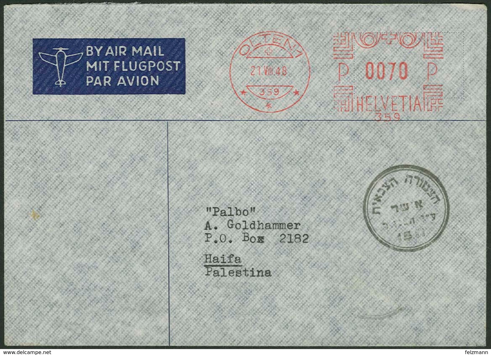 Brief SCHWEIZ 1948, Flugpostleichtbrief Aus OLTEN (21.08.1948) Mit Maschinenstempel, Nach HAIFA/Palästina Mit Zensur - Sonstige - Europa