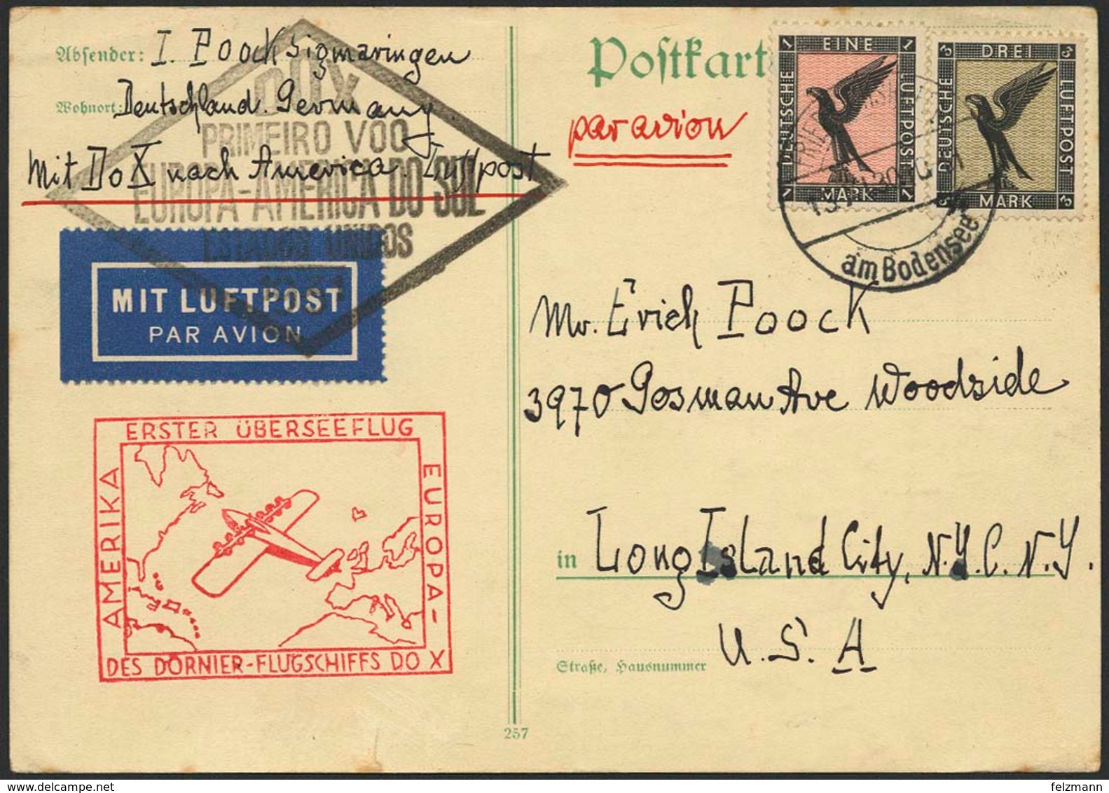 Brief Amerikaflug 1930, Karte Ab Friedrichshafen 13.11.30 Nach Long Island / NY Mit 1 Und 3 Mk Flugpost, Beide Flugstemp - Luft- Und Zeppelinpost