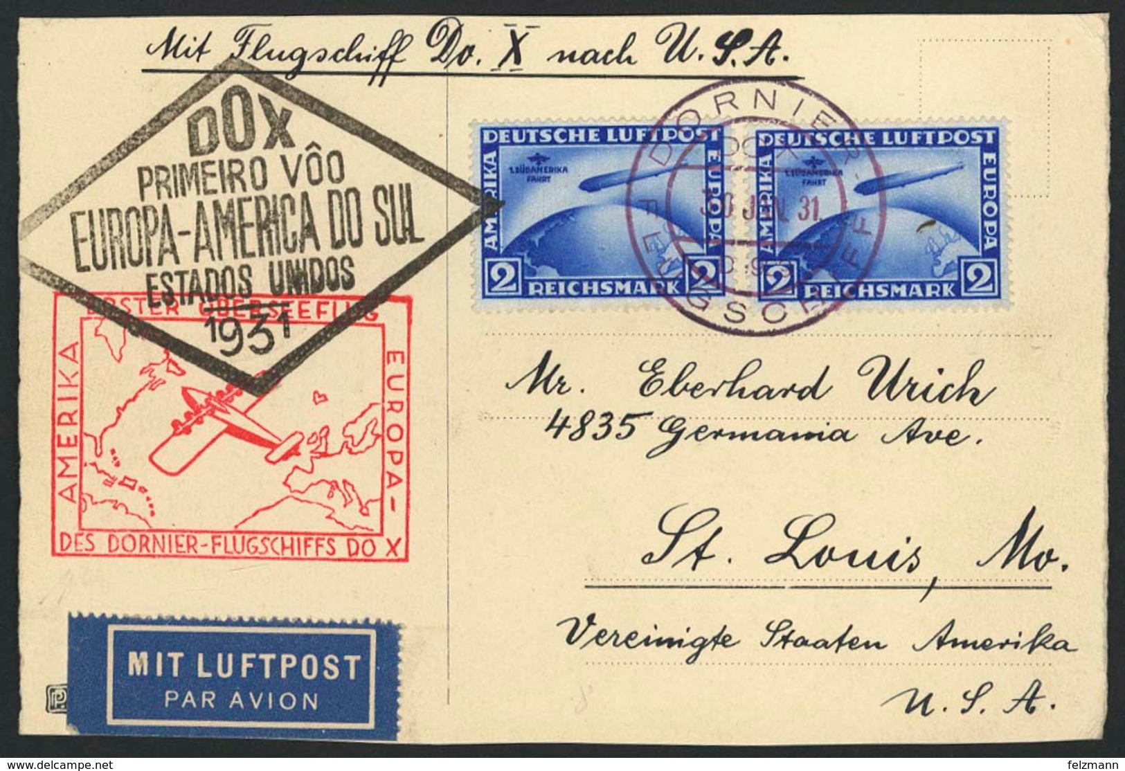 Brief Amerikaflug 1931, Postaufnahme Lissabon, Bordpost 30.1., Karte Mit 2 X 2 RM SAF In Hochwertiger MeF, Beide Flugste - Luft- Und Zeppelinpost