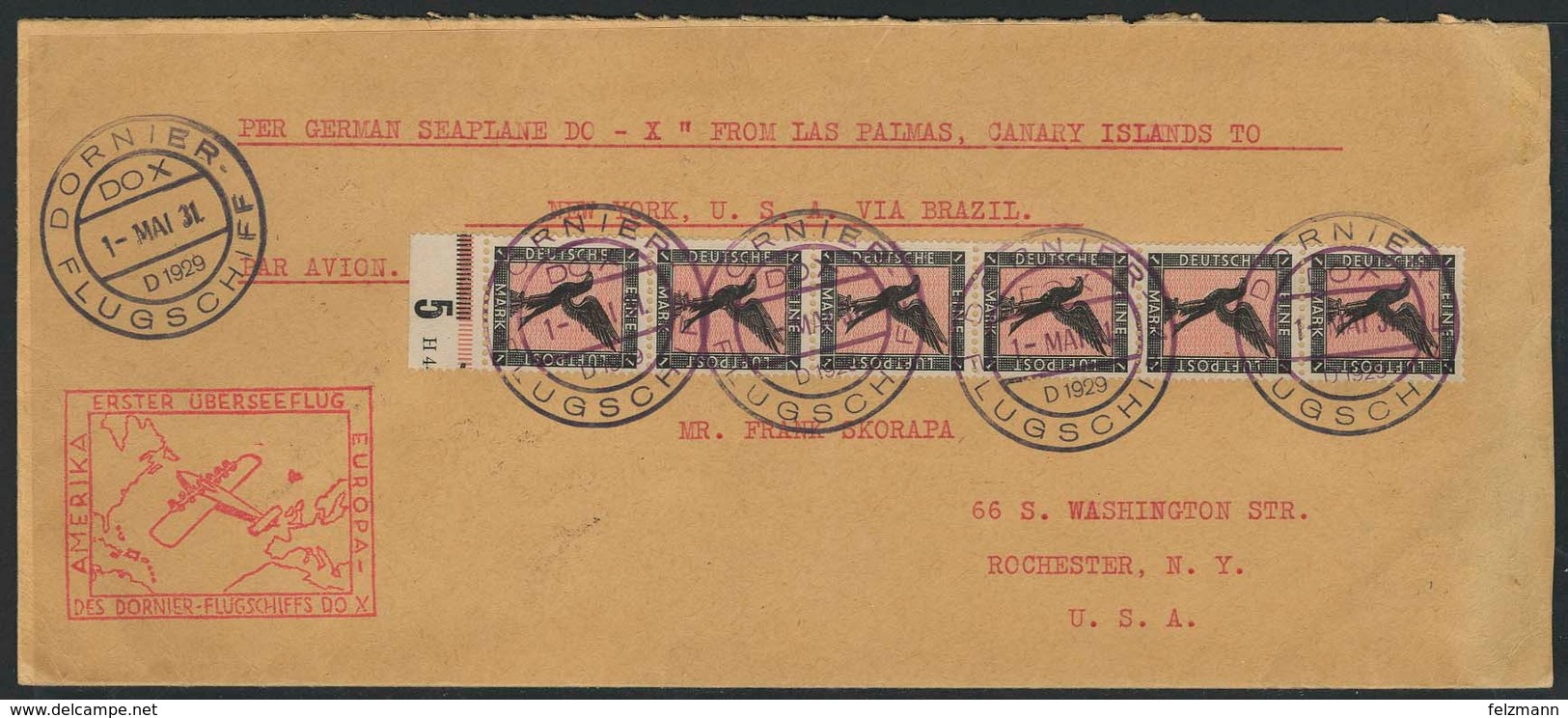 Brief Amerikaflug 1931, Bordpost 1.5., Postaufnahme In Las Palmas, Brief Mit 6 X 1 Mk Flugpost Im Senkrechten Streifen M - Luft- Und Zeppelinpost