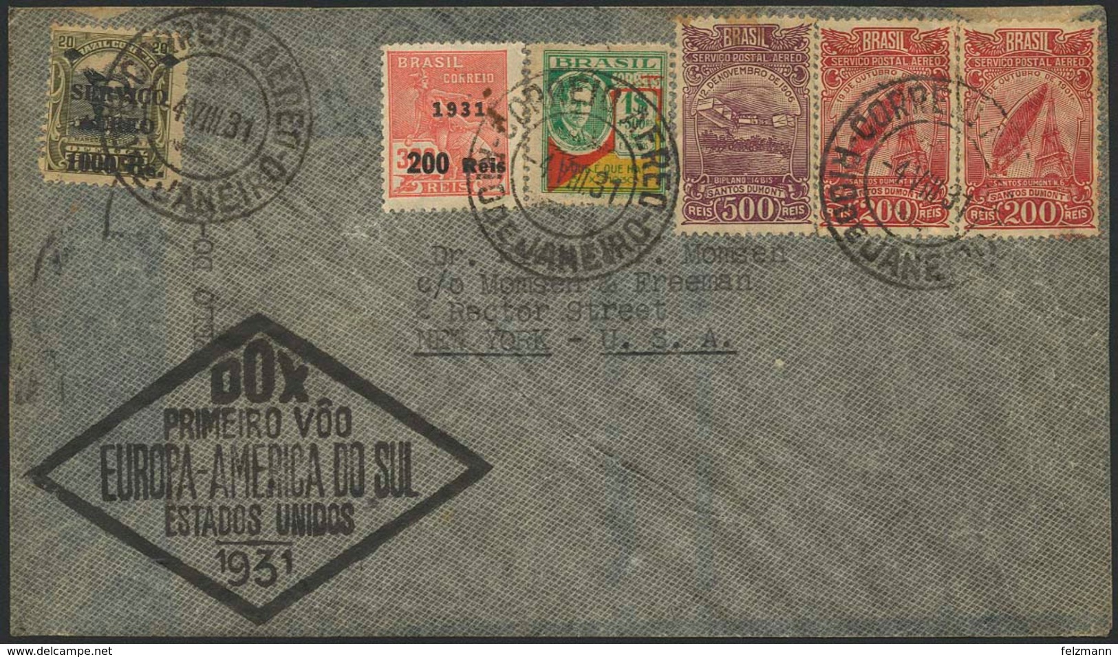 Brief Amerikaflug 1931, Brasilianische Post, Brief Ab Rio 4.8. Nach New York Mit Bunter MiF, Schwarzer Flugstempel Vs.,  - Luft- Und Zeppelinpost