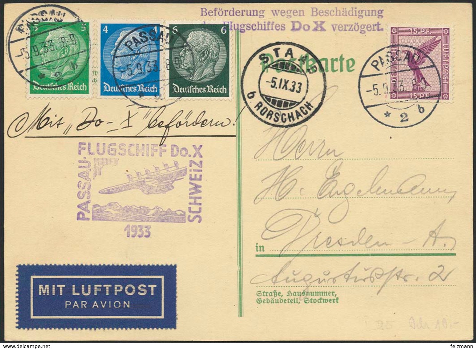 Brief Schweizflug 1933, Karte Ab Passau 5.9. Mit 30 Pfg In Bunter MiF, Flugstempel Und Verzögerungs-L2 "Wegen Beschädigu - Luft- Und Zeppelinpost