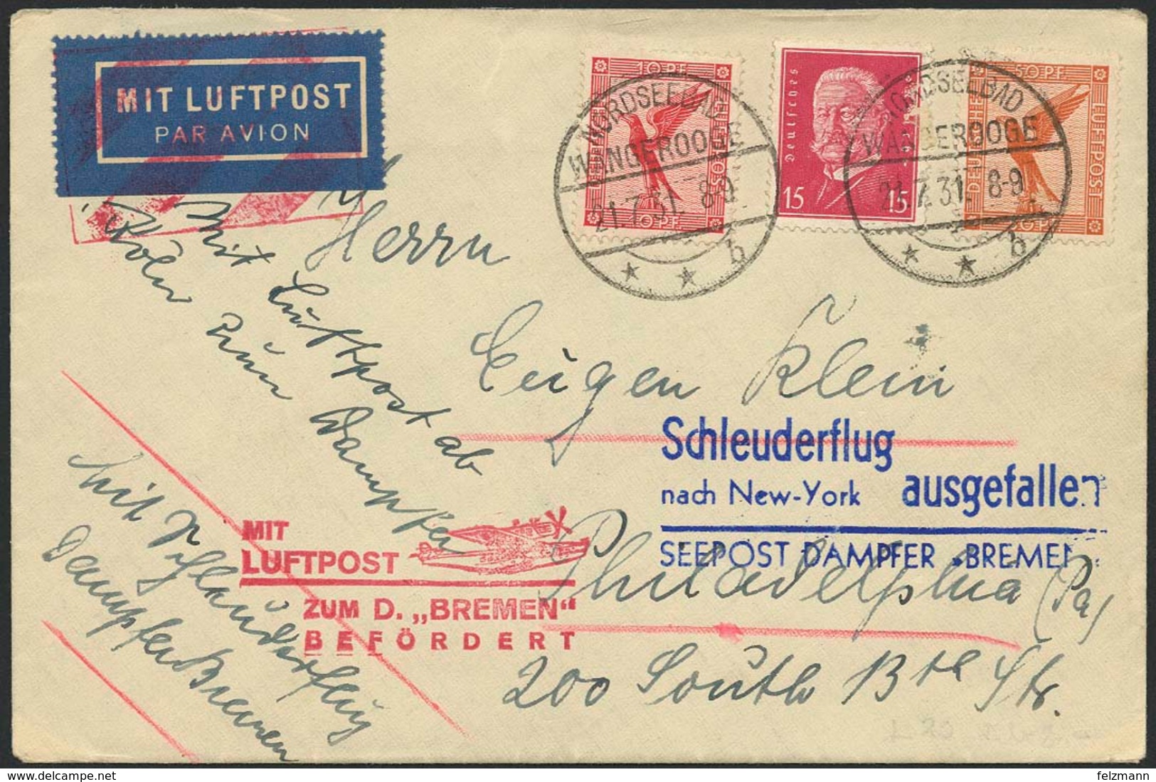 Brief BREMEN 26.7.31, Brief Ab Nordseebad Wangerooge 21.7.31 Mit Bunter MiF Nach Philadelphia, Nachbringerflug Nach Cher - Luft- Und Zeppelinpost