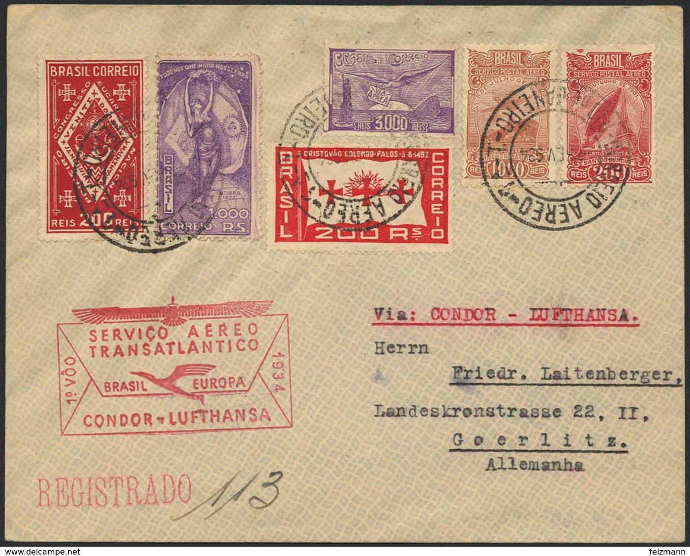 Brief 1934, Erster Regulärer Transatlantikflug, Brasilianische Post, Brief Ab Rio 7.2.34 Mit 5.600 Rs. In MiF Nach Görli - Luft- Und Zeppelinpost