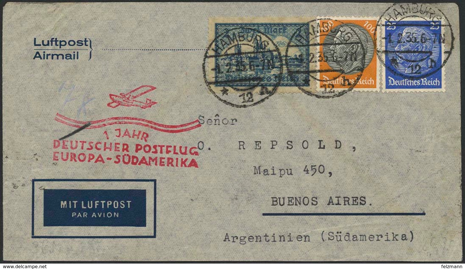 Brief 1935, Brief Ab Hamburg 1.2.35 Nach Buenos Aires Mit 2 Mk Kölner Dom Und Hindenburg-MiF, Vs. Roter Flug-SST "1 Jahr - Luft- Und Zeppelinpost