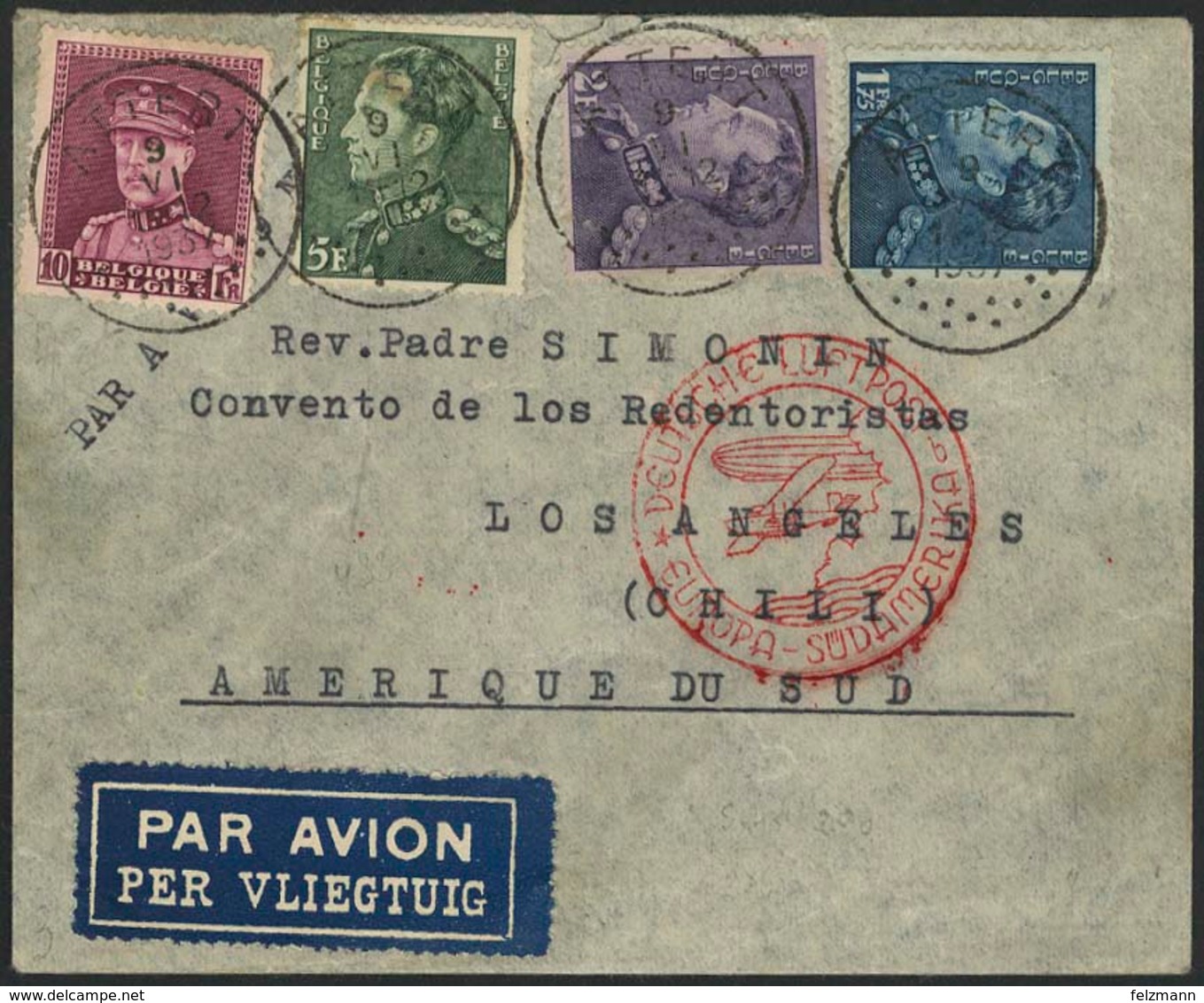 Brief 1937, BELGIEN, Brief Ab Attert 9.6.37 Mit Bunter MiF Nach Chile, Flugstempel "b", Rs. Etwas Rau Geöffnet, Transit  - Luft- Und Zeppelinpost