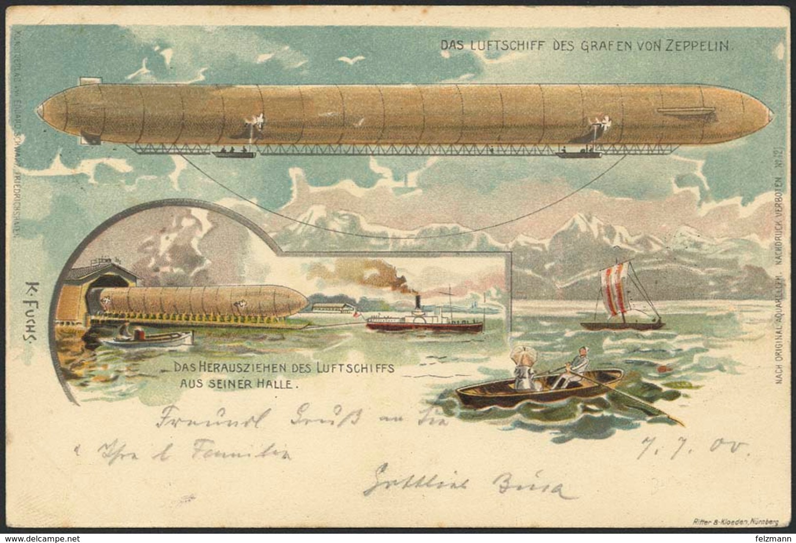 Brief ERSTER AUFSTIEG 1900, Farbige Litho-Karte Des Luftschiffes über Der Schwimmenden Halle, Mit 5 H. Und Schiffsstempe - Zeppelines