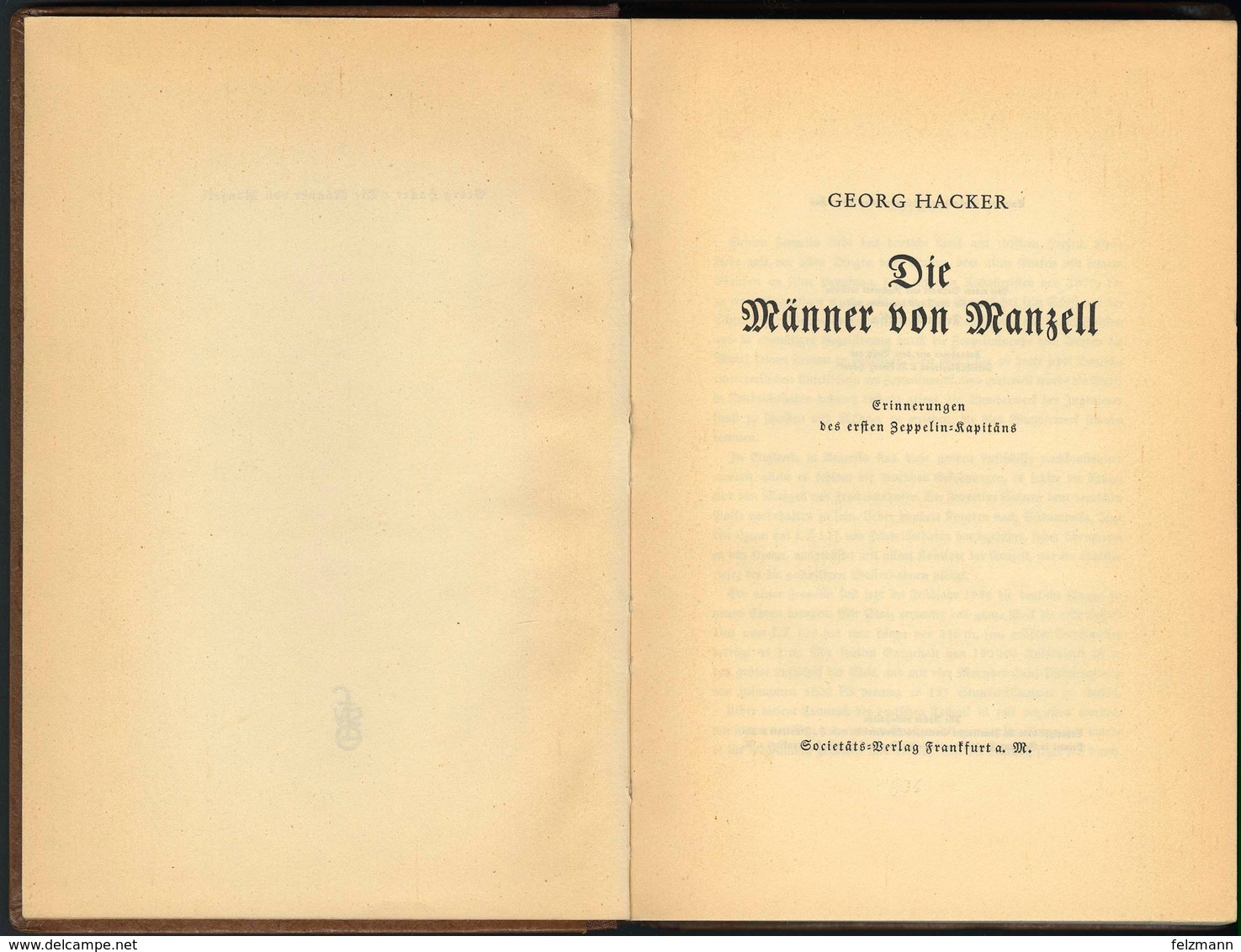 GEORG HACKER, "Die Männer Von Manzell", Societäts-Verlag Frankfurt, Ca. 1930, Rund 200 Seiten, Gebunden, Mit Skizzen Und - Zeppeline