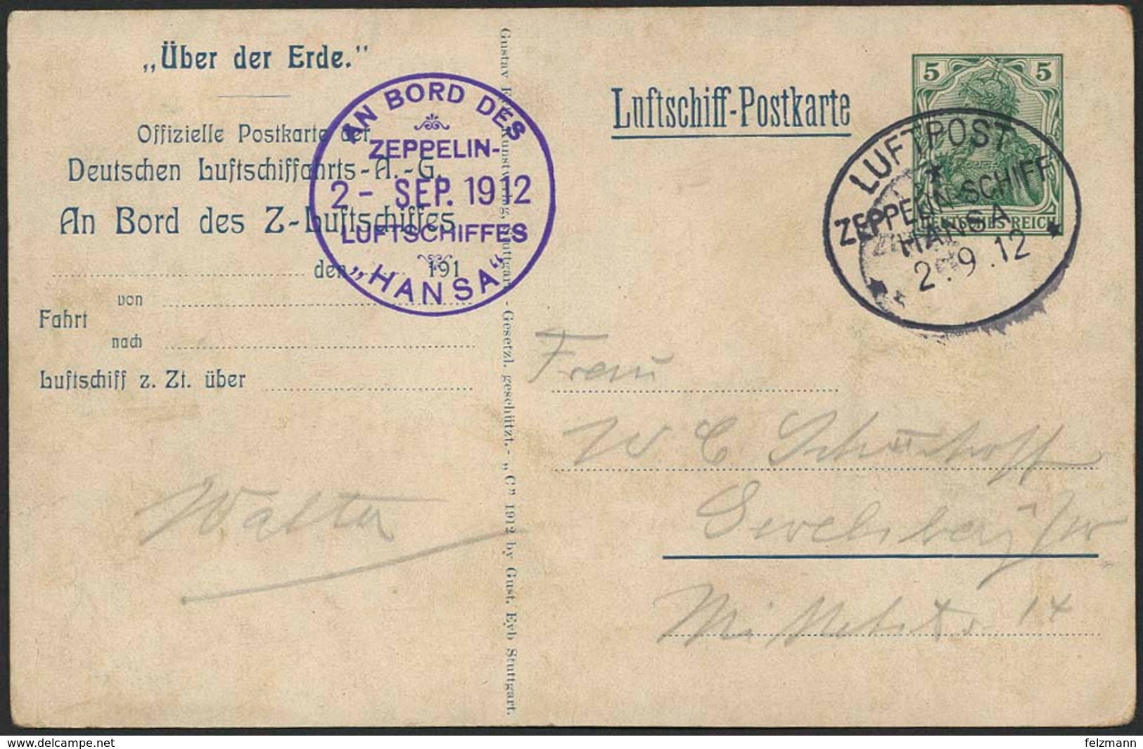 Brief Hansa 1912, Rundfahrt Ab Und Bis Hamburg, Farbige Delag-Karte "Über Der Erde" Mit Eingedrucketer 5 Pfg Und Flugste - Zeppeline