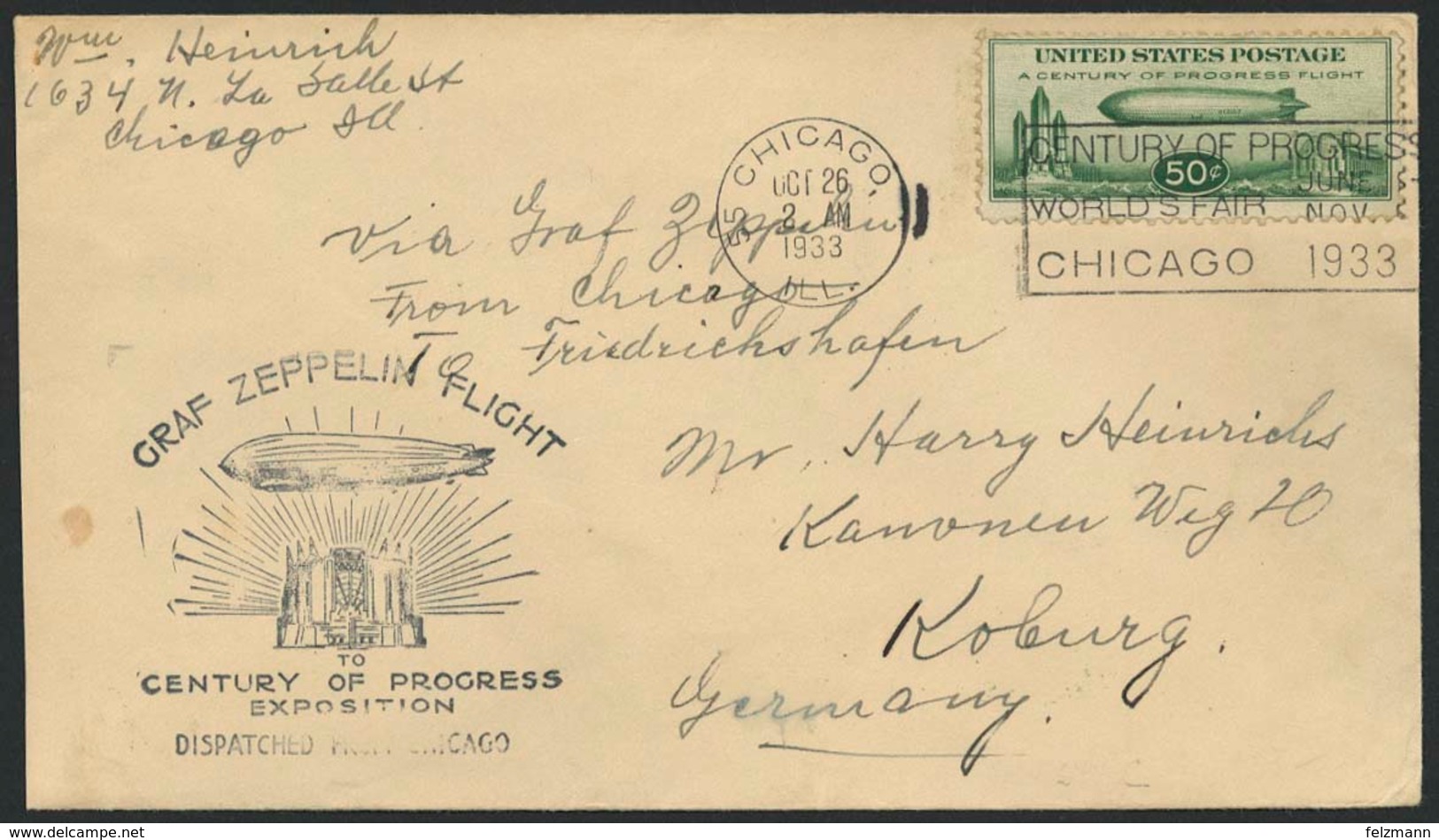 Brief Chicagofahrt 1933, USA-Post, Etappe Chicago - Friedrichshafen, Brief Ab Chicago 26.10. Mit 50 C Zeppelin, Flugstem - Zeppelin