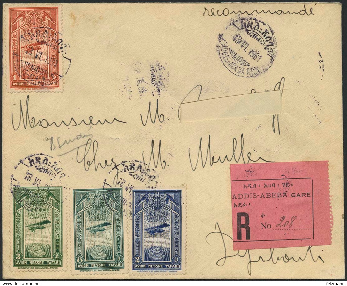 Brief 1931, R-Flugpostbrief (Adressteil Ausgeschnitten) Mit Vierfarbenfrankatur Inkl. Der Selten Gebrauchten 3 Thaler, A - Ethiopia