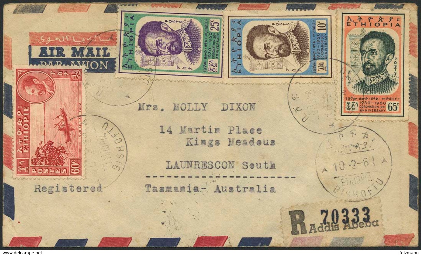 Brief 1961, R-Brief Aus Addis Abeba-Bishoftu Mit Mischfrankatur Krönungsausgabe Nach LAUNCESTON/TASMANIA Mit Ankunftsste - Ethiopia