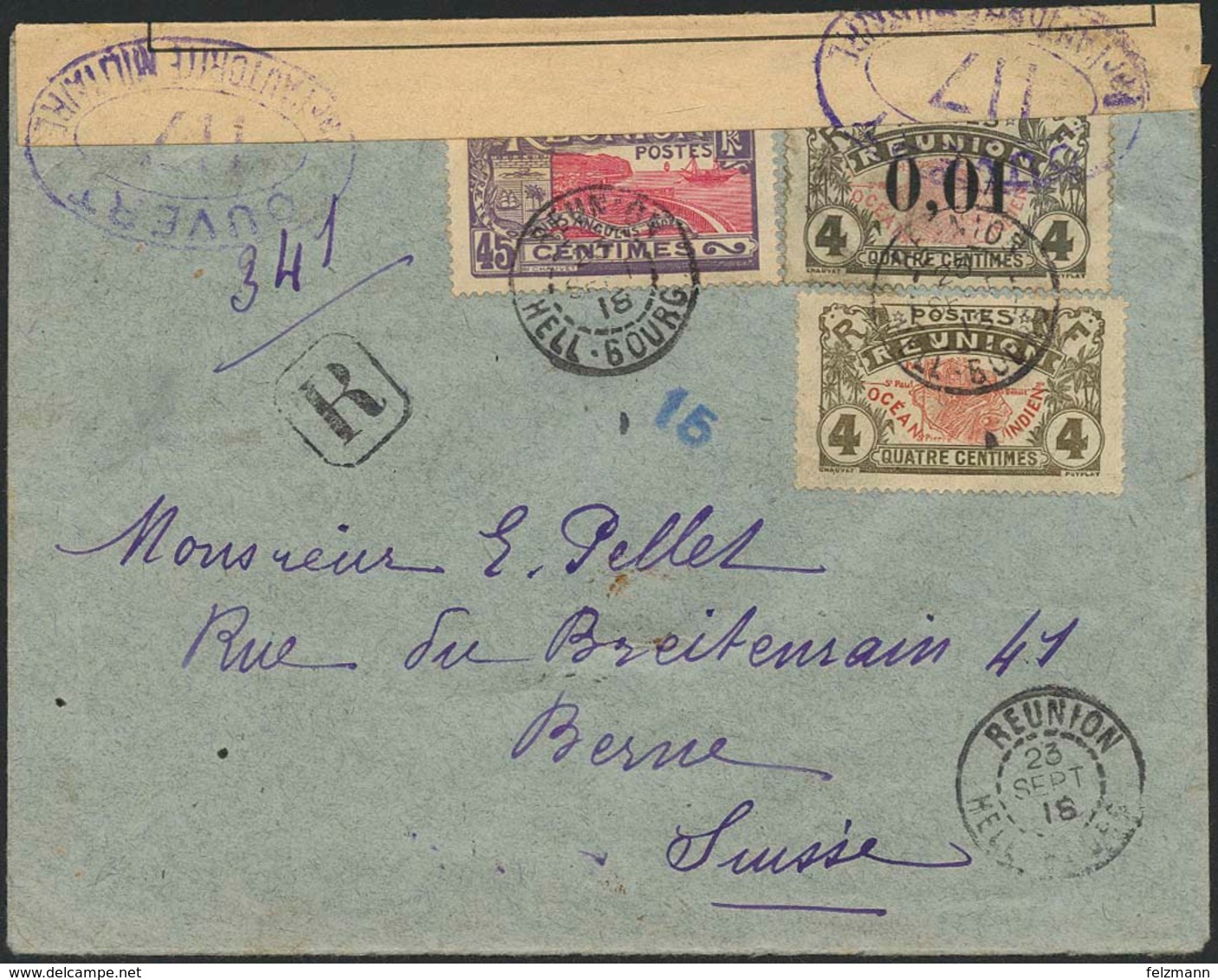 Brief 1918, R-Brief Mit Dreifarbenmischfrankatur Aus "REUNION HELL-BOURG" Via Französischer Schiffspost Nach BERN/Schwei - Otros & Sin Clasificación