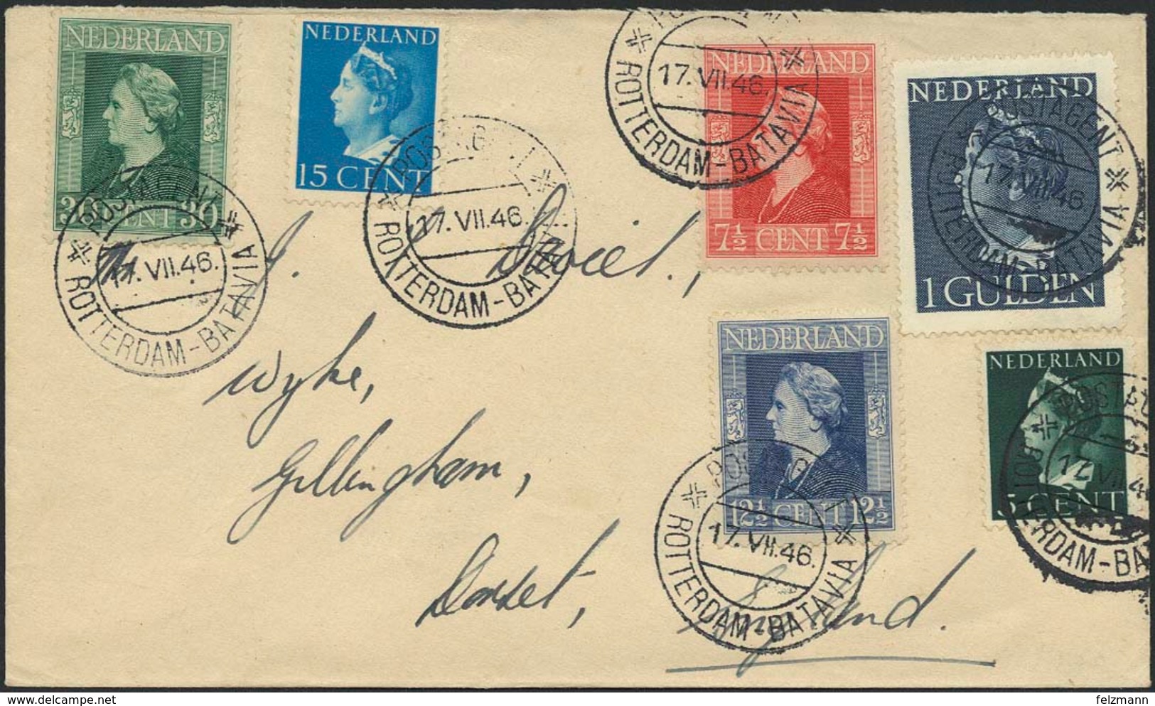 Brief POSTAGENT ROTTERDAM-BATAVIA, 1946, Mehrmaliger Abschlag Auf Brief Mit 6 Werten Inkl.1 Gulden Nach England - Andere & Zonder Classificatie